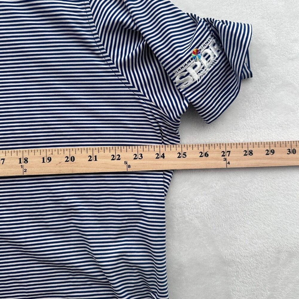 B Draddy Polo Shirt Mens XL Blue Stiped Golf Performance Sports Athletic SPDR - Picture 6 of 8